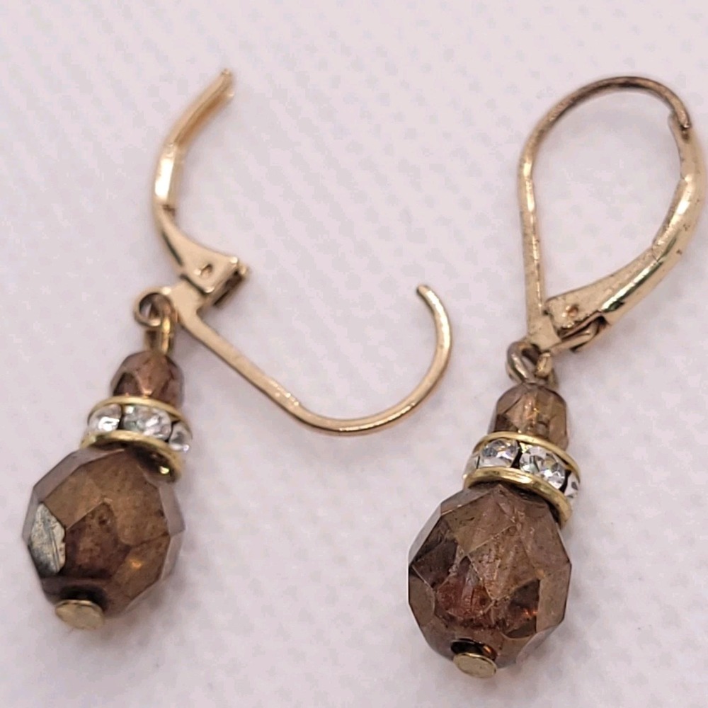 Gold Tone Brown Faceted Glass-Like Rhinestone Leverback Dangle Earrings